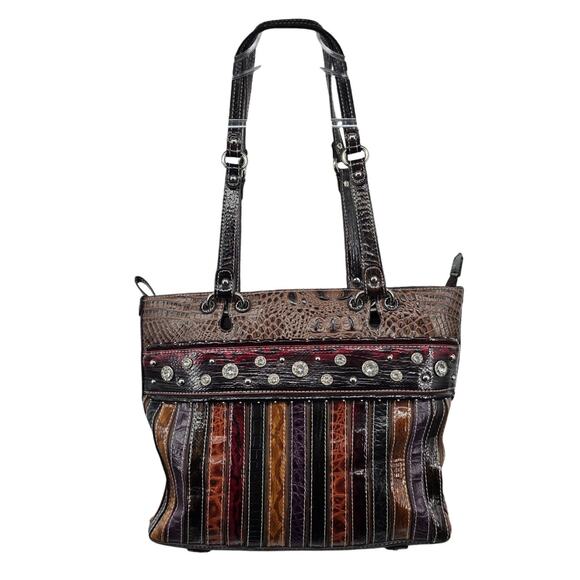 Vintage Leather Patchwork Handbag With Rhinestone Accents - Picture 1 of 11